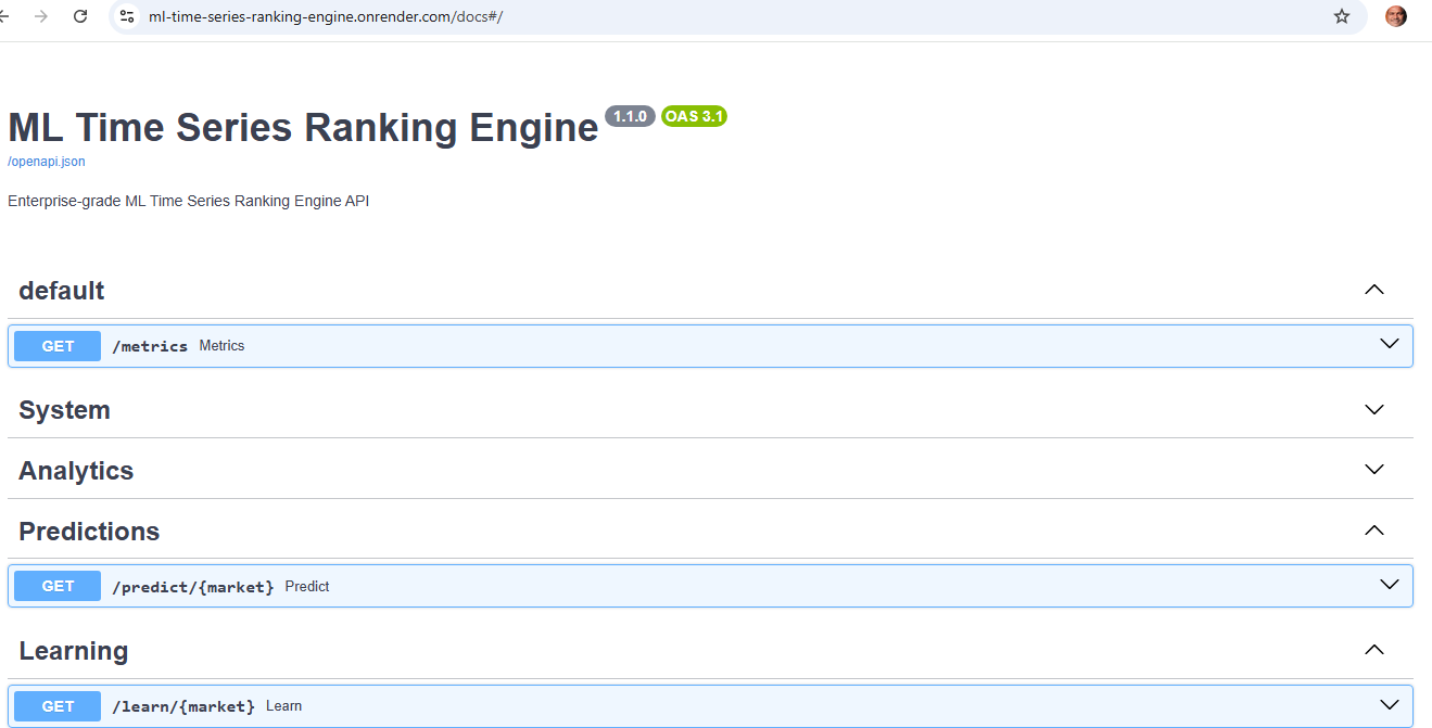ML Time Series Ranking Engine FastAPI analytics web console dashboard